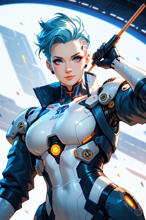  Create a futuristic ,  cyberpunk character with a confident and heroic pose .  The character must have a short , styled hair that is a mix of blue and black. Their eyes should be glowing blue,  and they must be dressed in a modern ,  high-tech armor with ...