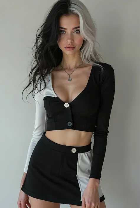 Brunette in a mini half black and half white skirt, black and white top,  with white dyed hair (half black and hald white hair), photorealistic, european pretty woman, high quality detail photo