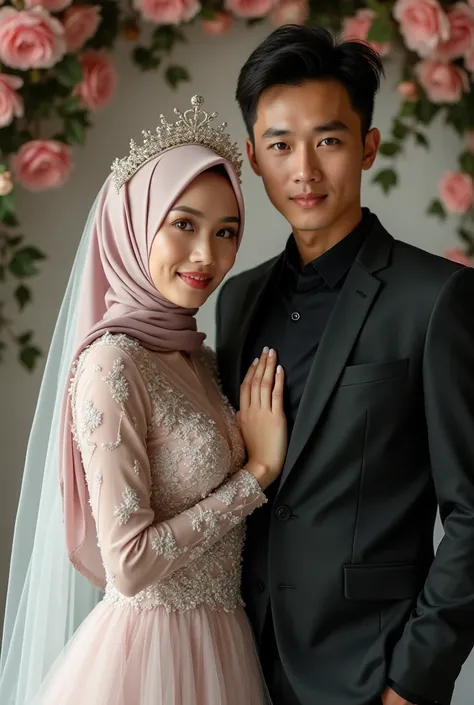  A beautiful Indonesian girl in a hijab 20 years old,  using a wedding dress ,  a handsome Indonesian guy 25 years old ,  Wearing a Black Suit shirt ,  her face facing the camera , foto studio full body, with floral theme  