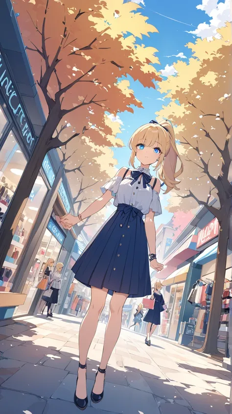 Clear skies、street tree、 shopping、Fashionable clothing store、 1 girl in the best, blue eyes, Blonde、 ponytail、Trying to hold hands、 anime style、 Dutch angle, ribbon,  accessories, Ultra Wide Angle