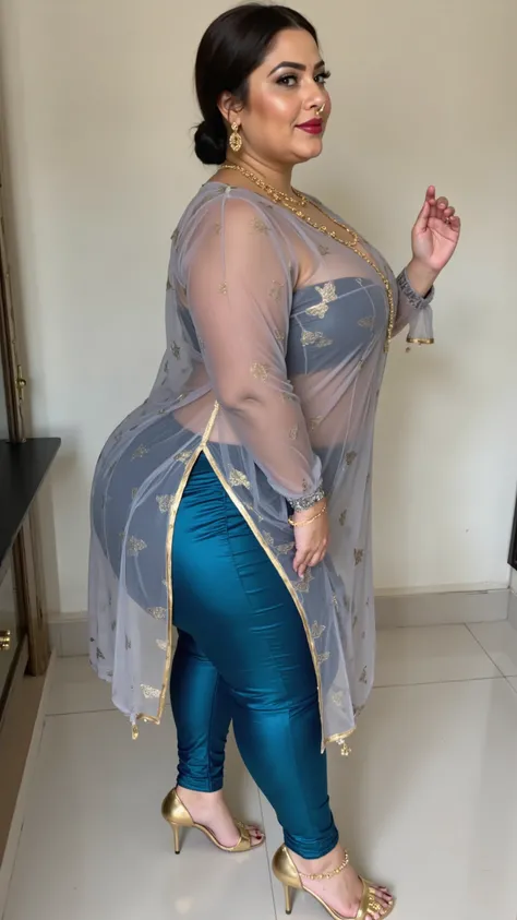 I am 40 year old plus size tall and big giant indian muslim women, looking like indian actress hansika motwani, wearing a gold boarded sleeveless transparent gray kurti and shining reflective glossy peacock blue short length Capri ,golden nose rings,nose s...