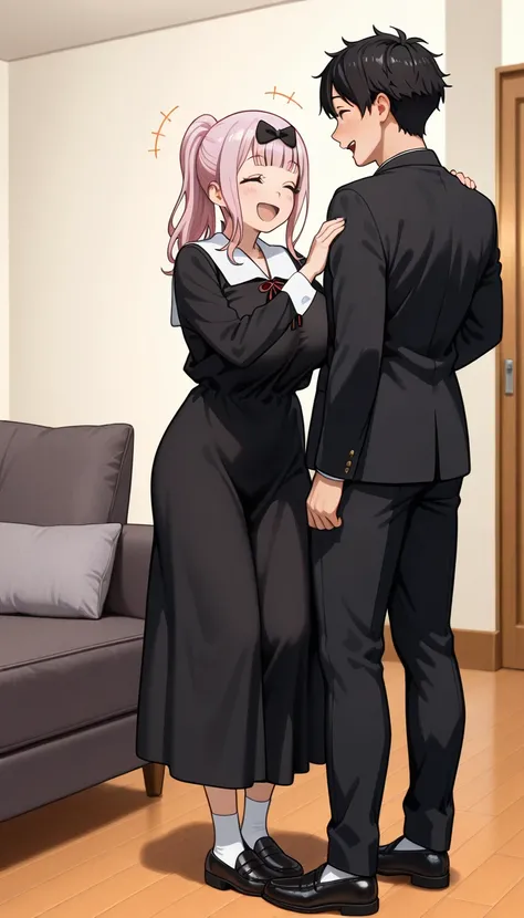  Cute Girl ,Fujiwara Chika, ponytail, from the back,  black uniform,  Shot from the side , Detailed face, long eyelashes,  cute expression ,  Comfortable living room , Realistic, 4K,   High Quality  ,( huge boobs ),shoe,Height Difference, Man's Hand Placed...