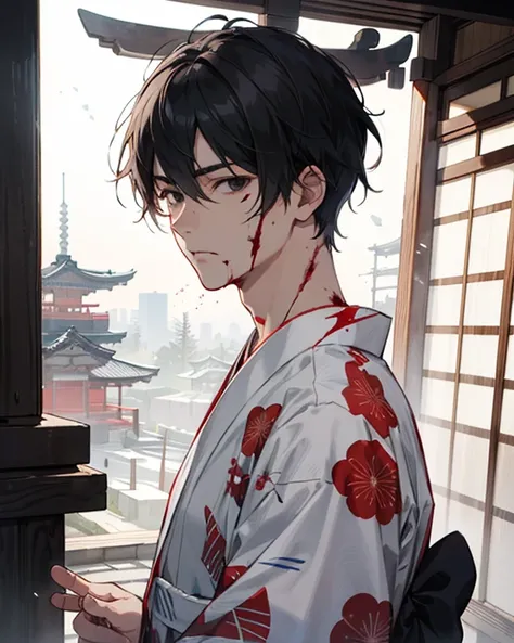 Create an ultra detailed HD image, male boy,  detailed face HD,  wounds on his face , Yukata, kimono, beautiful black eyes, cabello negro, ,  white skin,  profiled nose,  grim expression ,  Japanese temple , transparent particles, courteous, blood. 