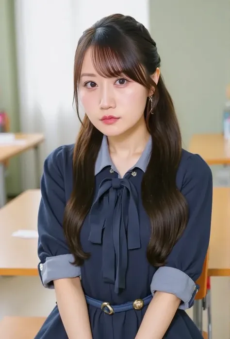 (8k、  RAW photos 、  top quality、  masterpiece  :1.2)、(  is present 、 Photo is present)、  1 girl、((  The beauty of a face with attention to detail  、Loafer Uniform、 navy socks、  blazer、 big breasted 、classroom、  ponytail、  visible from the front 、  standing...