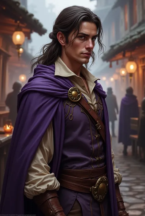 Create a human male wearing elegant ranger clothing. He appears to be around 35 years old, with dark brown hair. His most striking feature is his amethyst-colored eyes. He has a serene expression on his face. He is standing near a tavern, with other DnD cr...