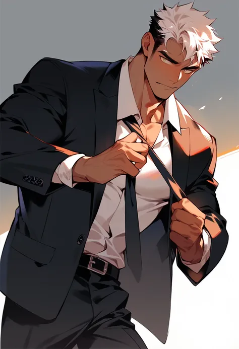 A 24-year-old man with a handsome face is taking off his black suit, pulling his tie with his hands, and his clothes are hanging on his body. He has brown skin.