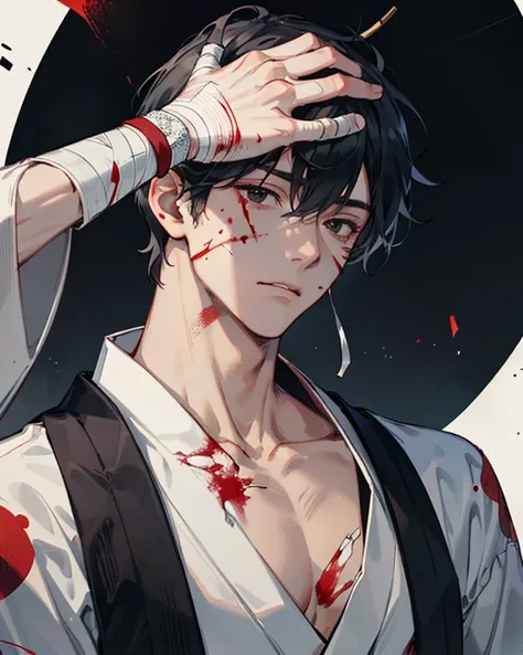 Create an ultra detailed HD image, male boy,  detailed face HD,  wounds on his face , Yukata, kimono, beautiful black eyes, cabello negro, ,  white skin,  profiled nose,  grim expression ,  Japanese temple , transparent particles, courteous,a lot of blood,...