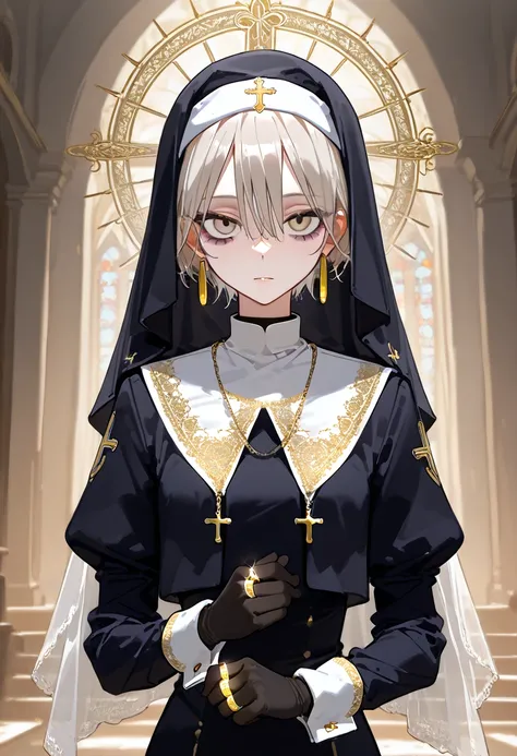  high resolution, best quality,,Skinny girl ,(( small tits)), veil on the head, nun, light beige hair,Light Beige Eyes , Very Shorthair,Golden embroidery,black buttoned cuffs, noble costume ,Black long gloves that are silk up to the upper arm,golden ring e...