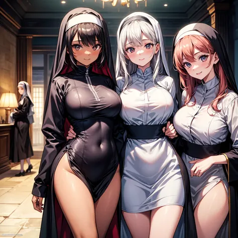 Masterpiece, highest quality, detailed, perfect anatomy, high resolution, detailed illustration, ultra-fine details, vibrant colors, professional lighting, depth of field, detailed costumes, detailed background, rich contrast, (3 women:1.3), nun robe, nun,...