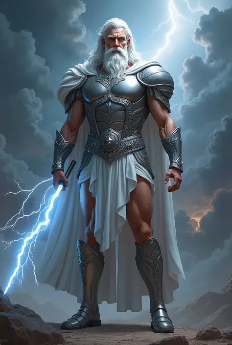 Zues holds a lightning, skinny, silver armor, shoes, beautiful beard