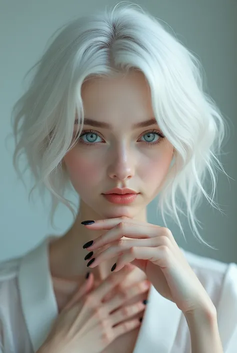 Create a beautiful woman with short white hair and blue eyes, showing her beautiful and delicate feet with her nails painted black 