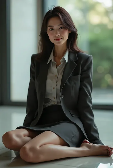 masterpiece, 8k, Photorealistic, (beautiful eroticism:1.9), beautiful Japanese mature woman, (40 years old:1.7), beautiful office worker, detailed face, light makeup, dark gray business suits, blouse, pencil skirt, pantyhose, sitting on the floor, (spreadi...