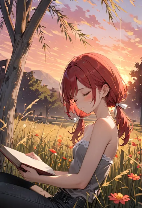 (masterpiece, best quality), close up, 1 sleeping girl, solo, leaning against willow tree, book on lap, beautiful face,  ((closed eyes, red hair, swept bangs, low twin tails)), hair ribbons, white ribbon, ((strapless gray shirt, sleeveless with with white ...