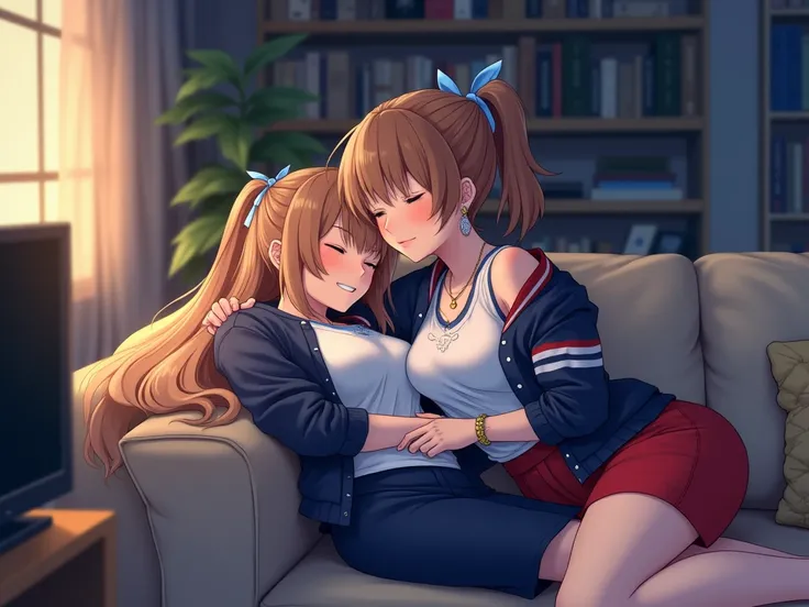 A heartwarming anime-style illustration of two 20-year-old women in a cozy, dimly lit apartment. Valeria, wearing a white and sky-blue fitted top with blue accents and a navy pencil skirt, lounges on the sofa with her long brown hair spilling over the armr...