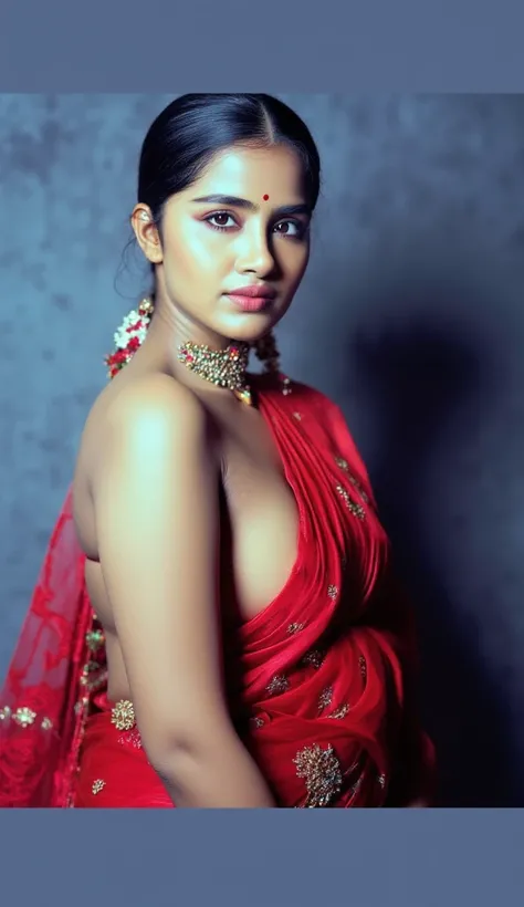 A beautiful slim Indian woman with long tied hair, full body photo, thick body, saggy medium breasts, wearing a transparent black saree no blouse/jacket, adorned with many jewels, slight nipple slip, (best quality,4k,8k,highres,masterpiece:1.2),ultra-detai...