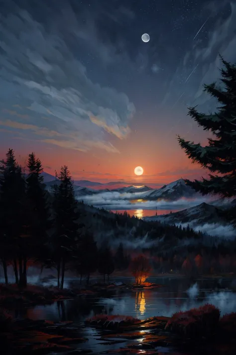  oil painting ,Colorful Scenery,impressionist, Mountain landscape with a lake at the top of the mountain ,  Night sky reflecting the moon in the lake Depth of field,  image fill , reflected light, 