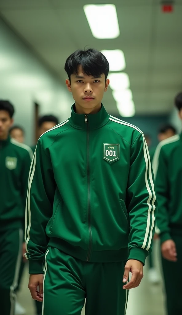 25 years old man, short black hair, The green sports jacket has a white stripe on the sleeves and a green box embroidered with numbers. "001" with white on the sides . green pants . The sports shirt has a zipper on the long part and two pockets on the side...