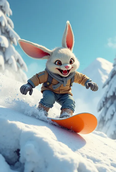 snowboard gliding humanoid,  rabbit . Aggressive Temperament, 3d. dressed in orange 