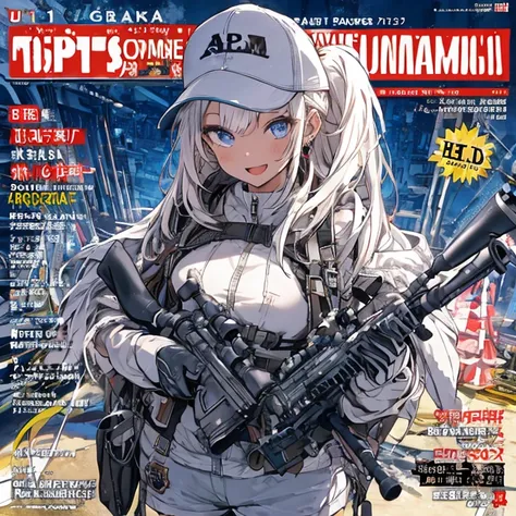 (best quality ), a girl have one rifle with her hand , Platinum color hair , The dreamer wants purplish blue eyes , medium , Lori will do it, (masterpiece:1.2, best quality ), (Beautiful detailed depiction : 1.2), ( beautiful detailed face ), ( small Breas...