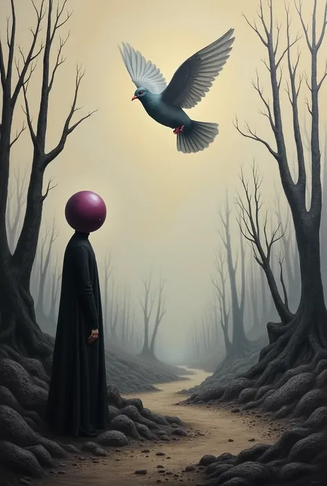  I want a reference for a painting ,  that deals with the culture of peace ,  containing what is a dove of peace,  a plum of a person ,  surrounding trees either burned or dry , And around ashes  