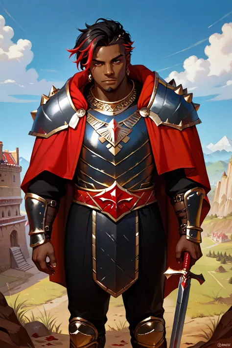 Create a dark-skinned African black man, With short black dread hair with red highlights, with goatee,  with blood red eyes ,  bronze armor with gold and diamond details black stones in, The man is on a battlefield looking down from a mountain to the castl...