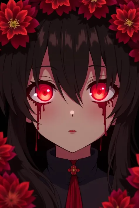 anime girl with blood on her face and red flowers, rin tohsaka, with red glowing eyes, with glowing red eyes, crimson color blood tears, blood red eyes, fully red eyes, alucard, screenshot from guro anime, with red eyes, albedo from overlord, intense water...