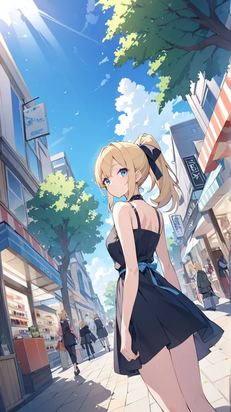 Clear skies、street tree、 shopping、Fashionable clothing store、 1 girl in the best, blue eyes, Blonde、 ponytail、Back view、 look back、 anime style、 Dutch angle, ribbon,  accessories, Ultra Wide Angle