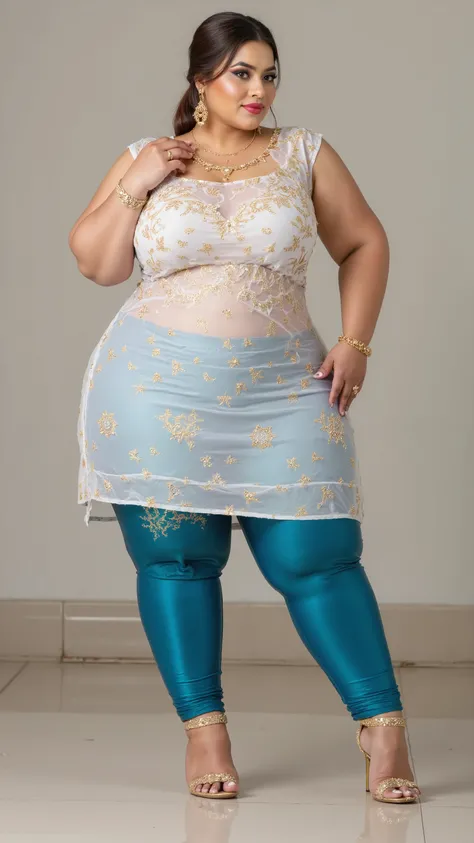 I am 40 year old plus size tall and big giant indian muslim women, looking like indian actress hansika motwani, wearing a gold boarded sleeveless transparent white kurti and shining reflective glossy peacock blue knee length leggings ,golden nose rings,nos...