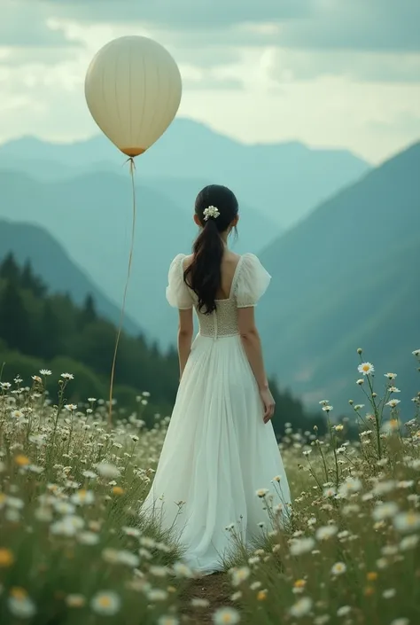  as beautiful as a movie, wearing a white and darkness green dress. Beautiful Asian woman walking in the mountains ， looking in the direction of the camera , Flowers in bloom,  soap bubble balloons flying ...

 dark sky , and darkness