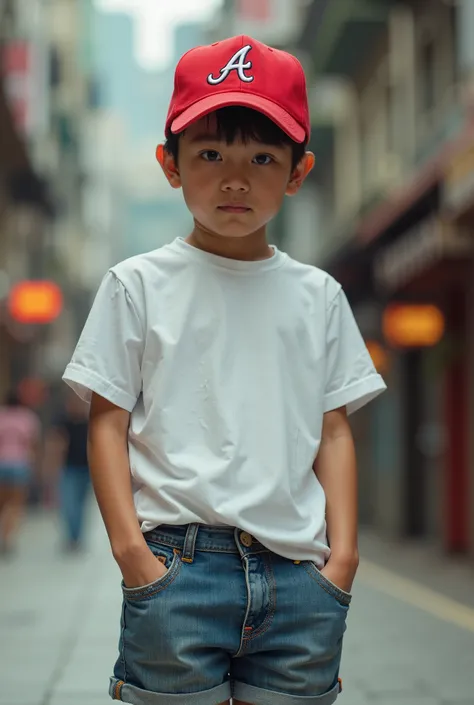 14-year-old chinese boy, height 170cm, tall and thin, slimmed, wears a red baseball cap with "A" pattern, alternative white short t-shirt and a very, very short denim shorts cuts. (1995 Macau background)(UHD 8K) (thighs close-up)