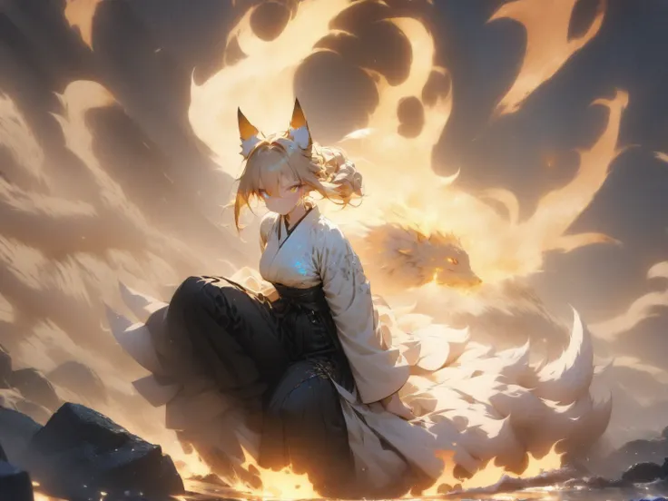 ((((masterpiece)))), anime coloring,Japanese anime,((((Best Quality)))), ,  ,(action),High resolution,fine grain,,Detailed face, Fox Girl,狐の耳,Wearing a kimono,hakama,Beautiful Skin、Beautiful and sophisticated eyes、氷,,雷,fire,xss