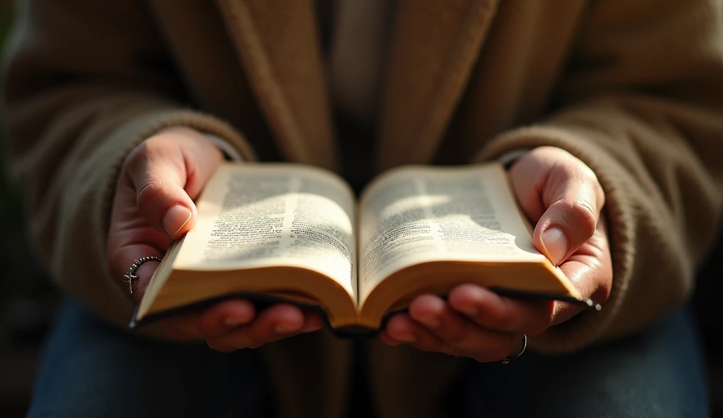 " An intimate close up of aging hands holding an open Bible,  morning light shining through frayed pages , a silver cross necklace visible ,  shallow depth of field ,  warm morning light creating a peaceful atmosphere --air 16 :9"