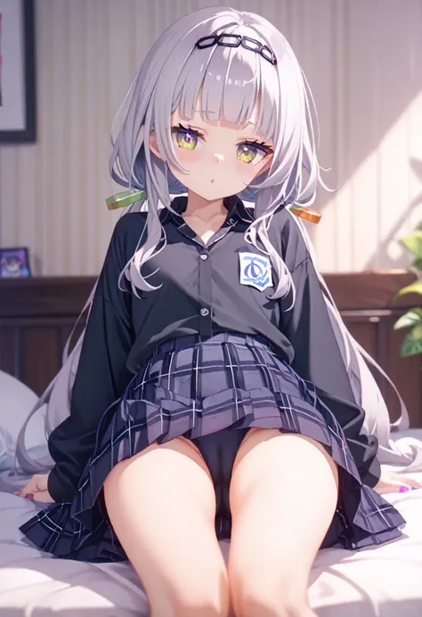 (masterpiece), best quality, expressive eyes, perfect face, 1 girl, cool girl, hololive,Murasaki Shion, small chest, long hair, low twintails, grey hair, black collared shirt, Plaid pleated skirt, cameltoe, 