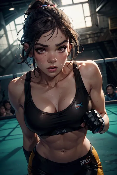 a female fighter named Hailee Steinfeld,hyper realistic portrait,intricate details, beautiful detailed eyes,beautiful detailed lips,extremely detailed face and eyes,longeyelashes, short hair,wearing mma fighting gear, athletic body,intense focused expressi...