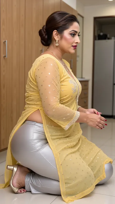 I am 40 year old plus size tall and big giant indian muslim women, looking like indian actress hansika motwani, wearing a gold boarded sleeveless transparent gold kurti and shining reflective glossy silver knee length leggings ,golden nose rings,nose stud,...