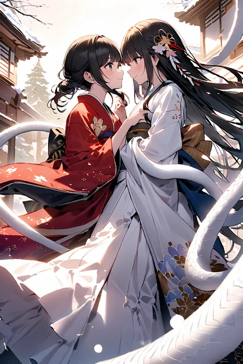 masterpiece、 best quality、 1 girl and 1 snake、White Snake、( Japanese kimono、Long-sleeved kimono:1.5)、 black hair、 black hairロング、smile、 from below、 White Snake and a girl in kimono are staring at each other。White Snake, which is a symbol of happiness 、 the ...