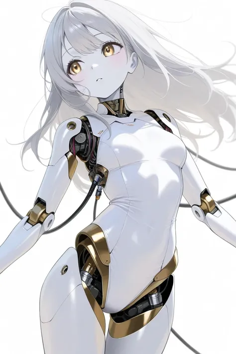 (Top Quality, Background Detail), Top Quality, Original Detail Dynamic Art, (Both Golden Eyes), Image from Waist, Inorganic Gaze, Detailed Mechanical Joints, Wearing White Leotard, White Skin, Gray Hair, Long Hair, (One Cyborg Girl), White Mechanical Body,...