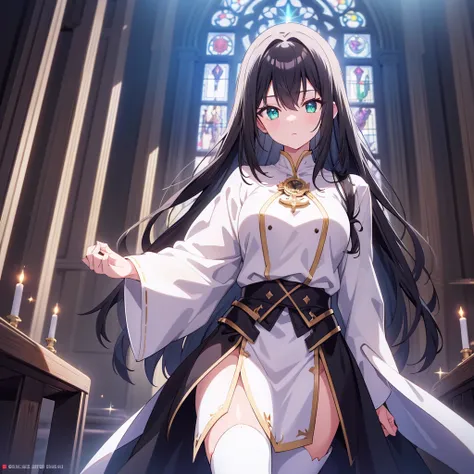  dark-haired woman walking through a graveyard,  Holy Knight in white robe, (black and white robe and armor ),  emerald eyes, A church with shining lights, ( stained glass background:0.9), Hairside Up , depth odebt debtield,  cinematic lighting , Sparkle, ...