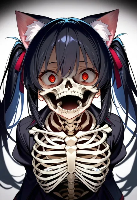 score_9,score_8_up,score_7_up,rating_explicit,source_manga,masterpiece,best quality,hyper detailed,super fine illustration,8k,cinematic angle,
BREAK Skeleton,female,31yo,(cat ears),
(black hair,long hair,twintails),(red eyes,crazy eyes),(skeleton face,skel...