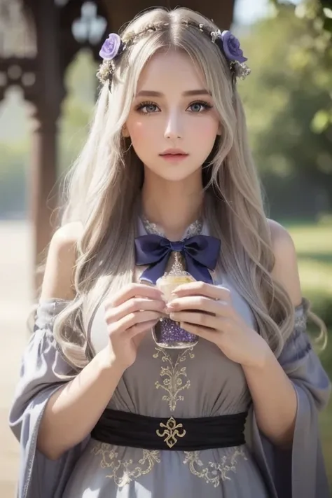  One Girl ,  long hair, Light Hair Color,  enchanting eyes,  Mysterious Expressions , Mature Appearance, Attractive dress,  Relaxed Dress, Graceful Jewels , Intricate decoration, Magic symbols, Glowing Accessories,  potion , Scroll, Cute accent, bow, ribbo...