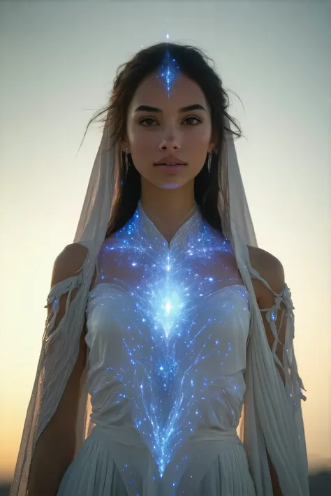 A hyper-realistic, high-resolution full-body portrait of a young, pretty and stunningly attractive woman standing upright and facing forward, representing a spiritually advanced and highly developed civilization. She has perfect glowing skin that radiates ...