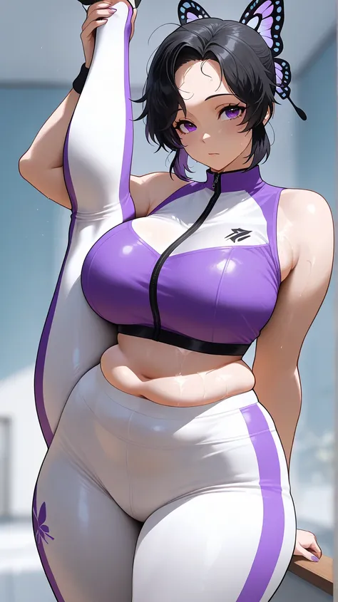 ((best quality)), ((masterpiece)), (detailed), shinobu  ,  hot and sexy woman  having massive boobies and thick thighs, voluptuous figure, belly folds, chubby body, black hair with purple tip , short hair, middle split hair, no hair on forehead, butterfly ...