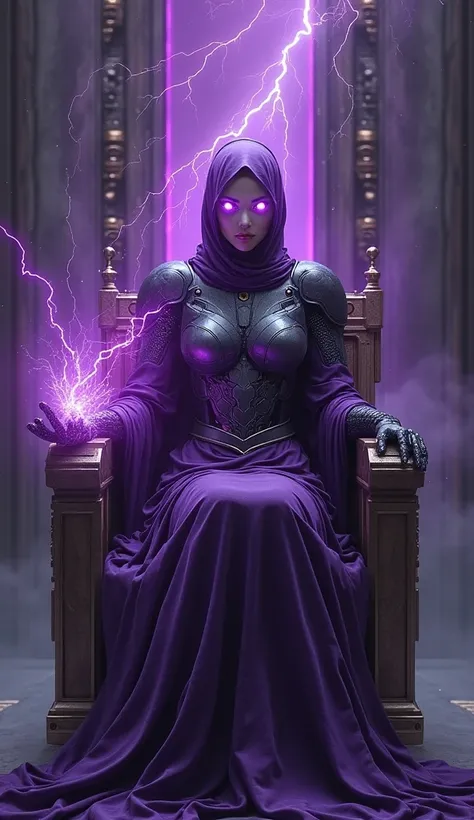 Ai women armored robot in and with her dark purple aura,her eyes are lightening with purple aura, long gown purple dying, setting on her throne