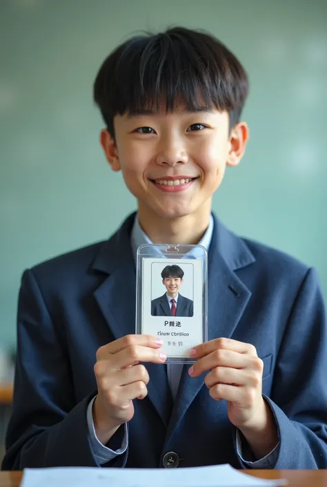 2025, MACAU.  chinese boy, height 170cm tall, has a short flat haircut, thin and slimmed, wears on an alternative school uniforms, Located in the local middle school. In the classroom, he's holding the student ID card with both hands, smiling at the camera...