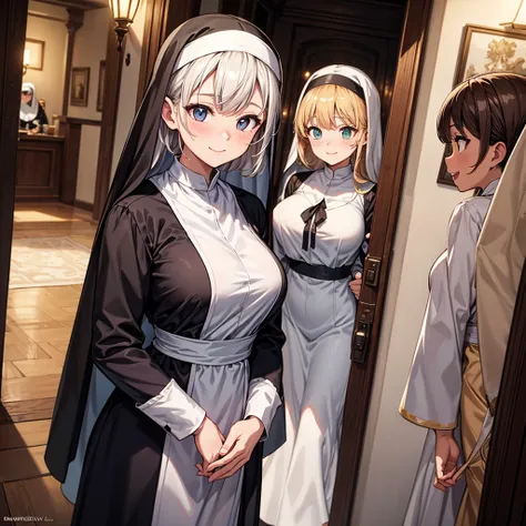 Masterpiece, highest quality, detailed, perfect anatomy, high resolution, detailed illustration, ultra-fine details, vibrant colors, professional lighting, depth of field, detailed costumes, detailed background, rich contrast, (3 women:1.3), nun robe, nun,...