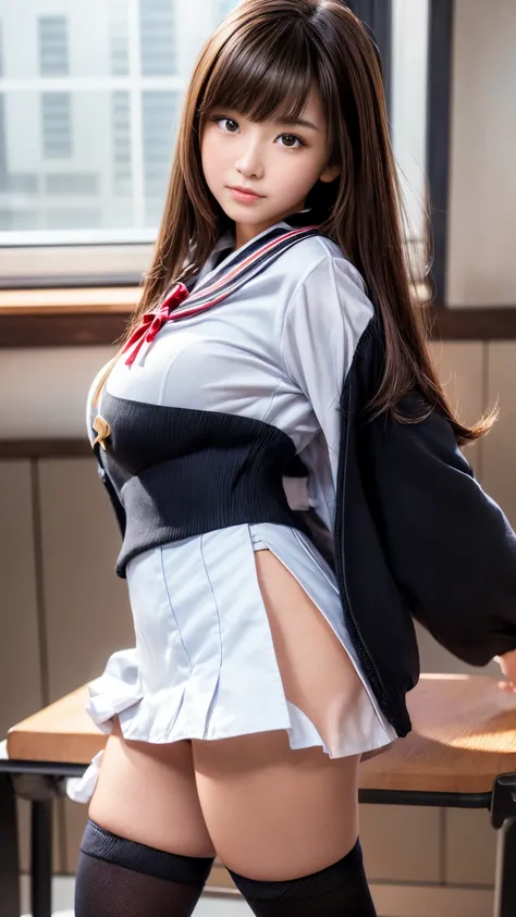 masterpiece, high resolution, Product quality,(well-proportion:1.3),1 Young Beautiful Japanese Woman ,(Cowboy shot:1.4),1 Sexy High School Girl ,18 years old,( high school classroom :1.2),( Japanese high school girl uniform , stylish black sailor suit :1.4...