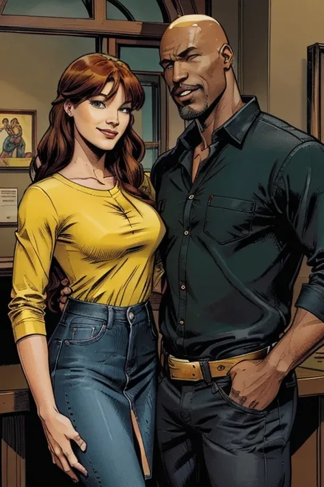 Luke Cage and Mary Jane Watson, both from the Marvel Comics Universe, pose together for a photo. Luke is a handsome African American male with a bald head and a beard. Mary Jane is a beautiful Caucasian female with long dark-red hair and green eyes. Both a...