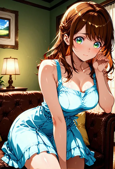 Ultra-detailed, (portrait), hyper detailed, absurdres, 8k, highest quality, super high quality, yokota mamoru style, cowboy shot, 22 years old, looking at viewer,  sexy, cute pose, medium breasts, Long wavy brown hair, green eyes, cute sundress, adult, sit...