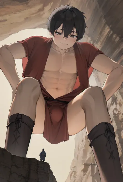 (1boy: 1.1), (stomach navel), (medieval world), kimono, (macro size: 1.3), (looking down: 1.1), below view, from below, (a giant man looking down at a tiny cliff in front of his legs), bangs, smug, bulge, tall skinny, on knees, (tall)