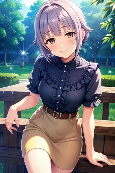 Sachiko Koshimizu,  short hair ,  purple hair,  brown eyes,( Clean brown eyes 、 Sparkling Eyes , fine grain)、smile、  with extremely fine eyes sandwiched between columns、  very detailed face ,   extremely elaborate eyes,一人の  girl , Alone、  masterpiece ,  co...